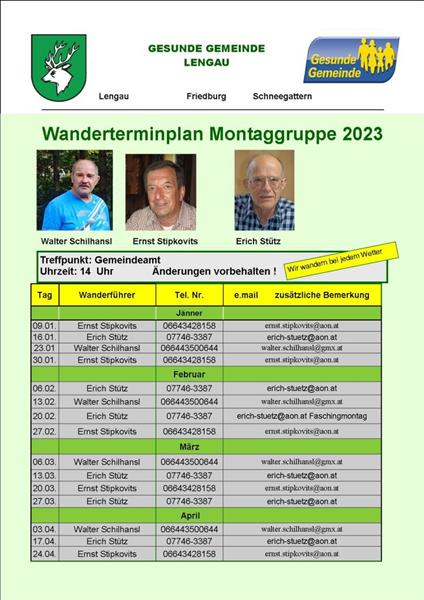 Wanderterminplan Montaggruppe Jänner bis April 2023