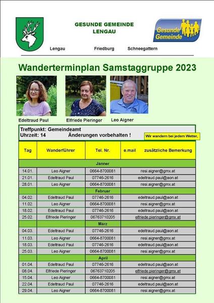 Wanderterminplan Samstaggruppe Jänner bis April 2023